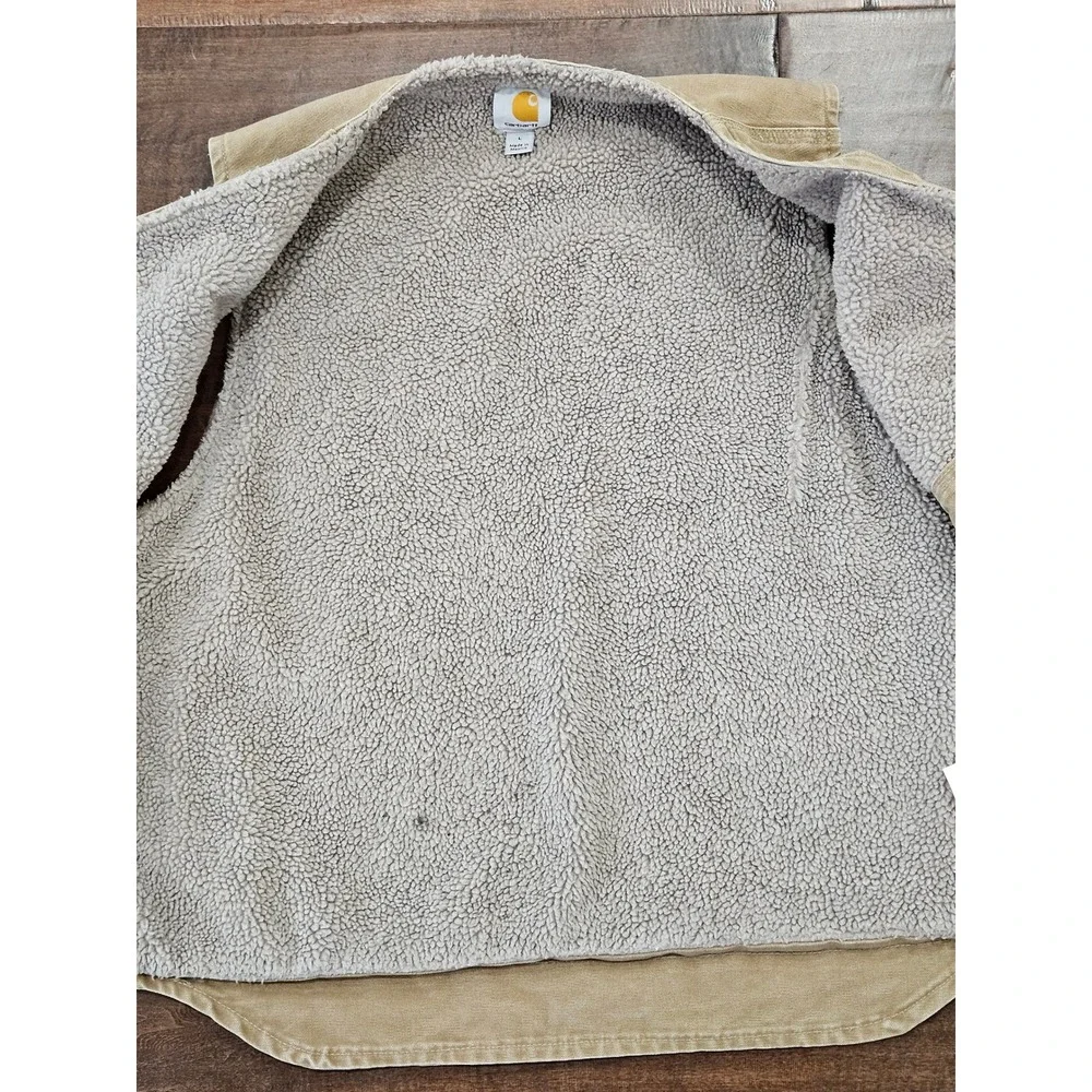 Distressed Carhartt Mens Sherpa Lined Sandstone Duck Vest Tan L Canvas V-Neck